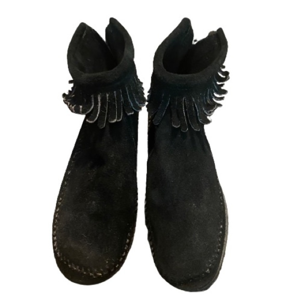 Vintage black suede fringe mocassin ankle booties